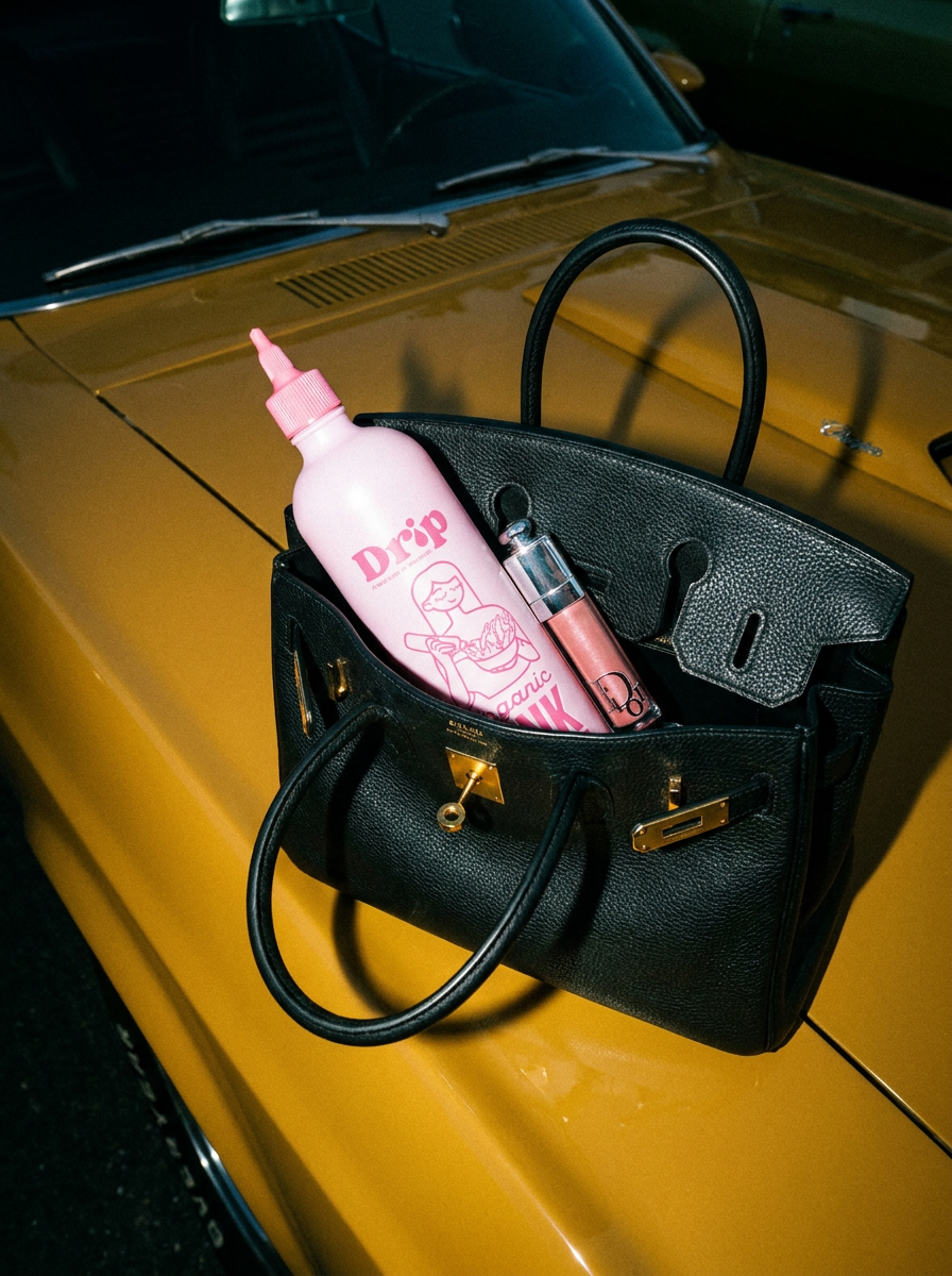 A black pebbled leather handbag with gold hardware sits on the hood of a bright yellow car, with a pink bottle and a lip product placed inside the bag.